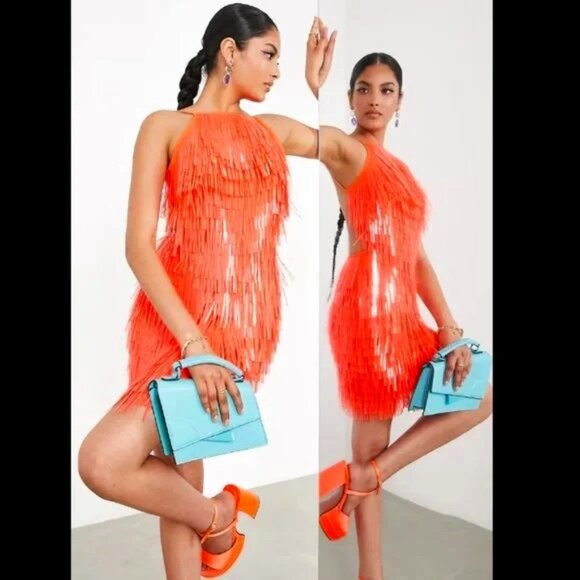 💥SHOWSTOPPER💥1920s Flapper Style Shard Fringe Dress in Holographic Orange - Picture 1 of 11